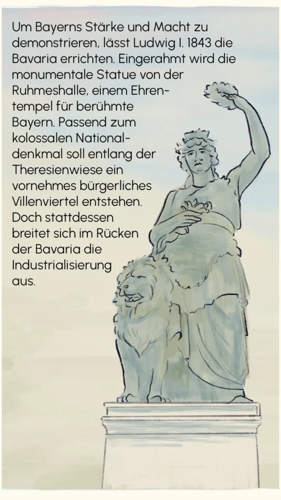 The Bavaria statue on her pedestal with industrial residential blocks rising behind her – "Bavaria's New Neighbors", Westend Stories by Lea Reusse