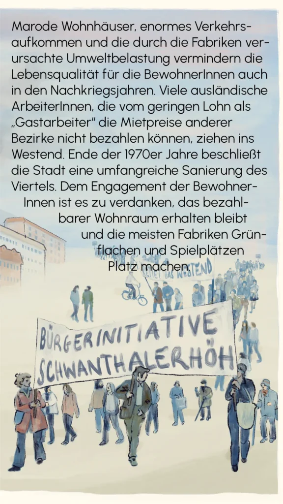 Residents marching through the Westend holding a Bürgerinitiative Schwanthalerhöhe banner – "Bavaria's New Neighbors", Westend Stories by Lea Reusse