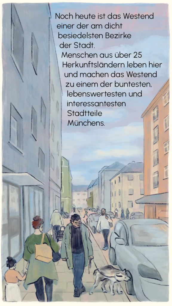 Busy present-day street scene in Munich's Westend with people from many backgrounds – "Bavaria's New Neighbors", Westend Stories by Lea Reusse