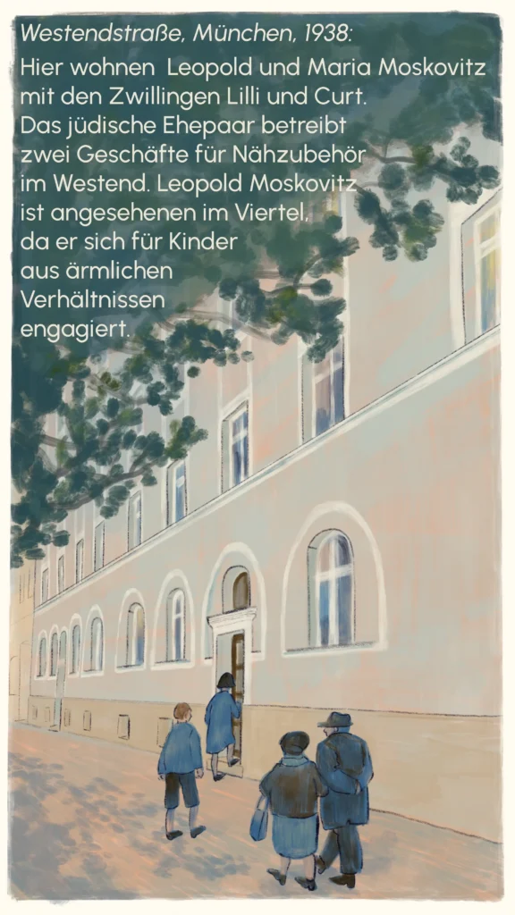 The Moskovitz family's apartment building on Westendstraße, Munich, 1938, with the family in the foreground – "The Moskovitz Family", Westend Stories by Lea Reusse