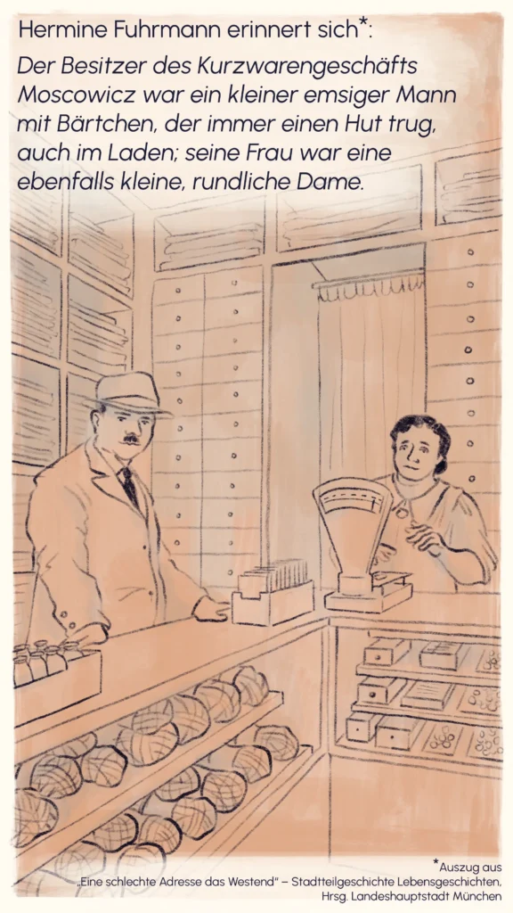 Leopold and Maria Moskovitz serving a customer in their haberdashery shop in the Westend – "The Moskovitz Family", Westend Stories by Lea Reusse