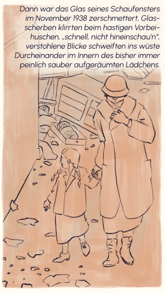 A woman and her daughter walking past the ransacked interior of the Moskovitz shop after the November pogrom, 1938 – "The Moskovitz Family", Westend Stories by Lea Reusse