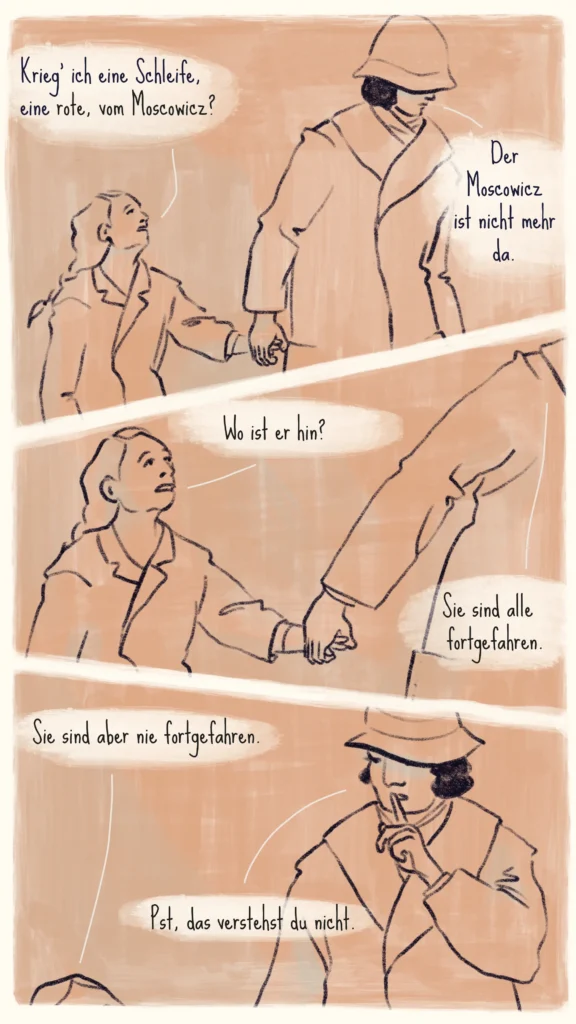 A daughter asking her mother in the street about the whereabouts of the Moskovitz family after the November pogrom – "The Moskovitz Family", Westend Stories by Lea Reusse