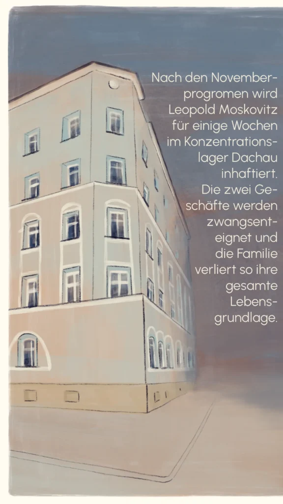 The Moskovitz apartment building at dusk after Leopold was taken to Dachau concentration camp and the family lost everything – "The Moskovitz Family", Westend Stories by Lea Reusse