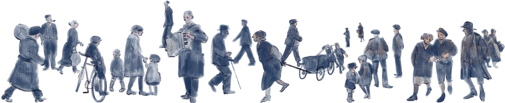 Panoramic illustration of a crowd of early 20th century Westend residents going about their daily lives – Westend Stories by Lea Reusse