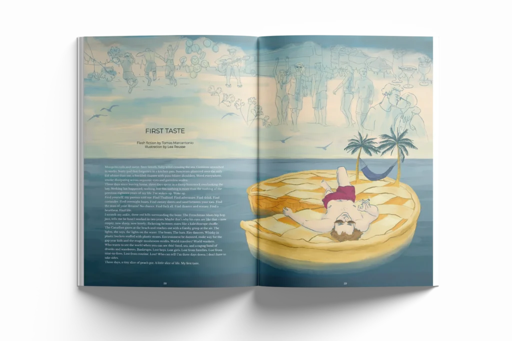 Popshot Magazine open to the "First Taste" illustration by Lea Reusse