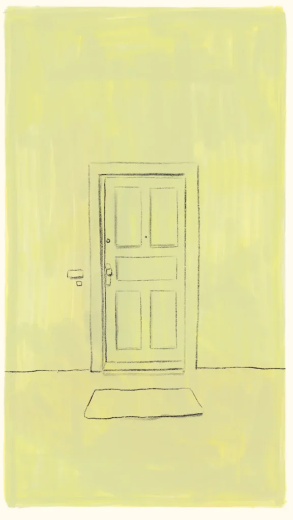 Empty hallway with a closed door, signalling Gerda's withdrawal from public life – "Fräulein Gerda", Westend Stories by Lea Reusse