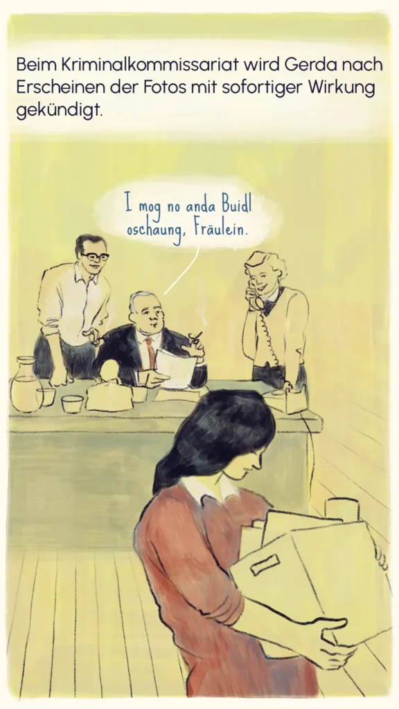 Gerda's employer dismissing her across a desk after her photos appear in the press, making inappropriate remarks – "Fräulein Gerda", Westend Stories by Lea Reusse