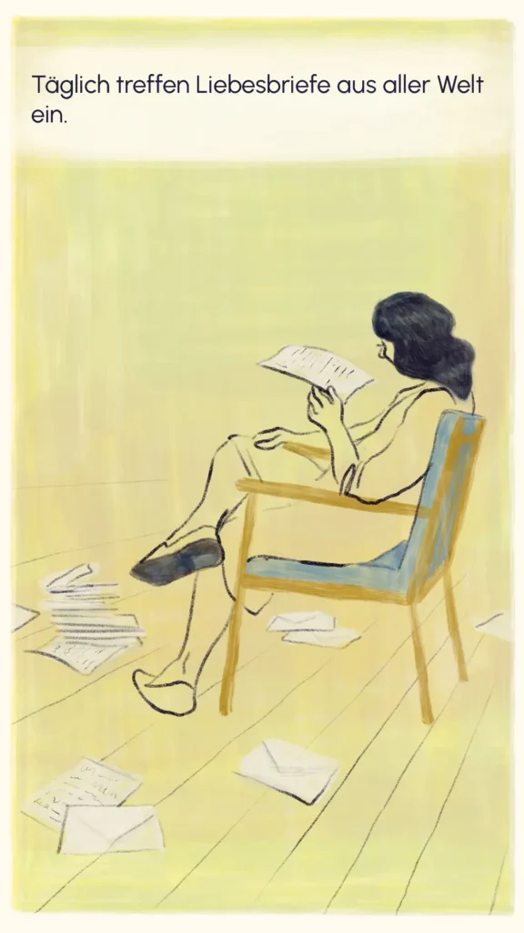 Gerda sitting alone in a chair surrounded by love letters from admirers around the world – "Fräulein Gerda", Westend Stories by Lea Reusse