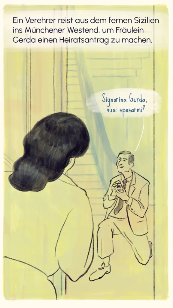 A suitor from Sicily kneeling before Gerda in a stairwell, proposing marriage – "Fräulein Gerda", Westend Stories by Lea Reusse