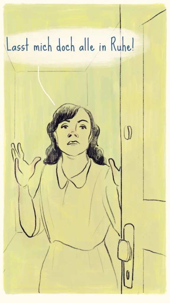 Gerda standing at her door with raised hands, fed up with all the attention – "Fräulein Gerda", Westend Stories by Lea Reusse