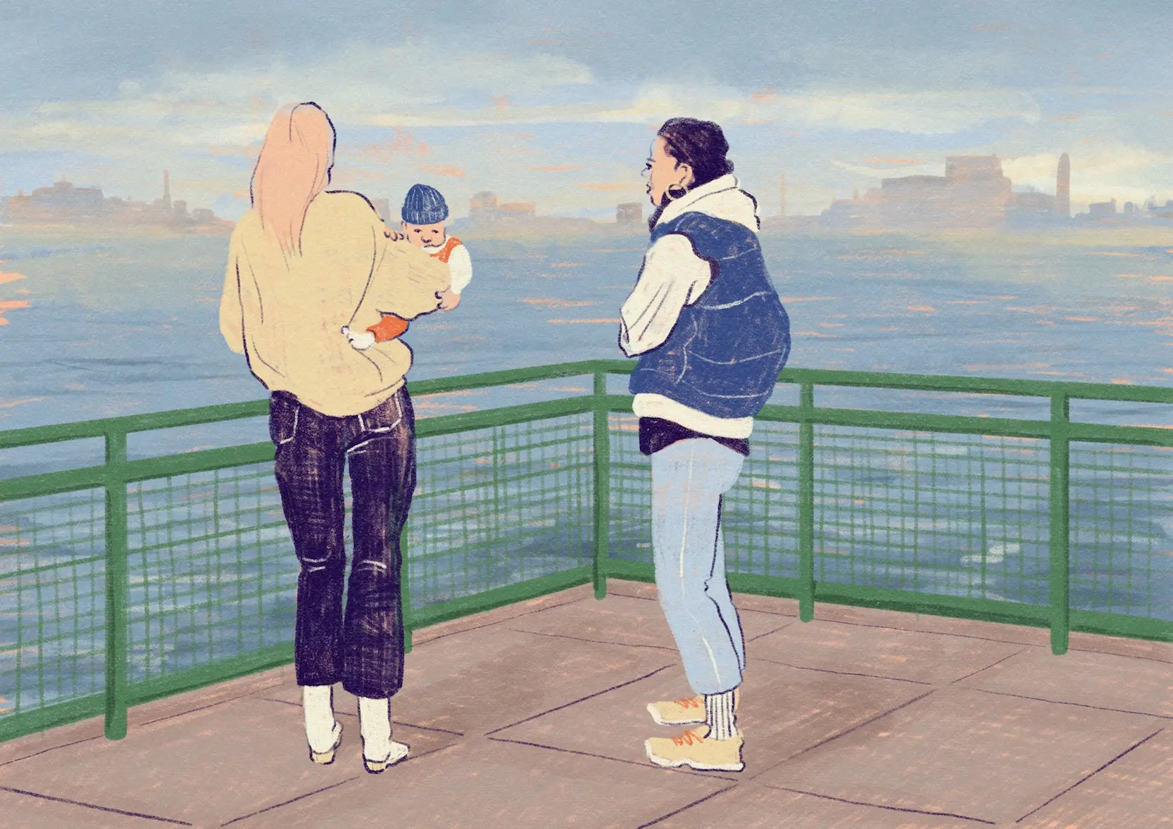 Two women standing at a railing by the water, one carrying a baby, looking out over a hazy city skyline – hero illustration by Lea Reusse