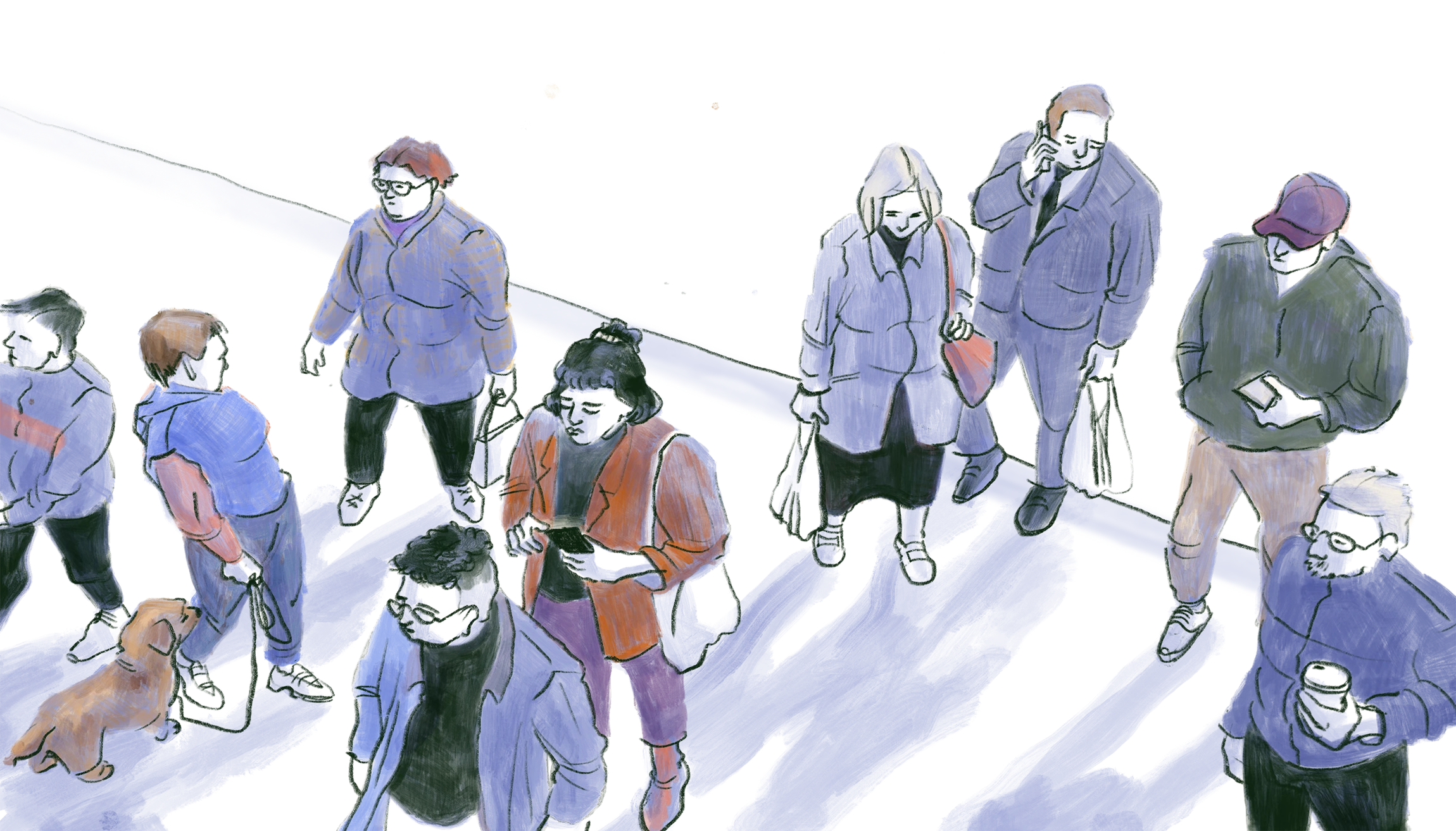 Diverse group of people walking through an urban space, seen from above – hero illustration by Lea Reusse