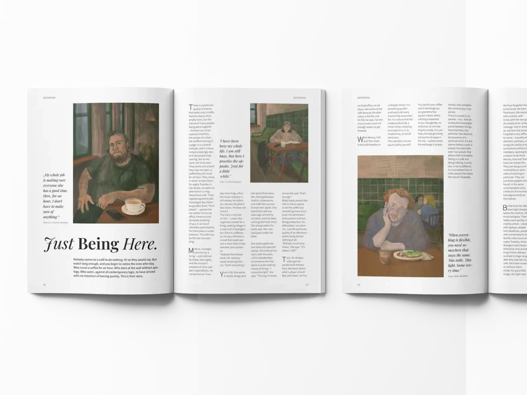 Magazine spread showing the "Just Being Here." illustration series by Lea Reusse across multiple pages