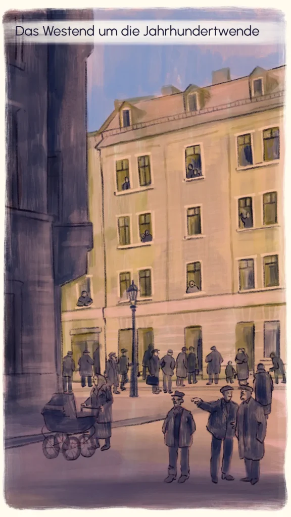 Street scene in Munich's Westend around 1900 with workers and a pram – "Ledigenheim", Westend Stories by Lea Reusse