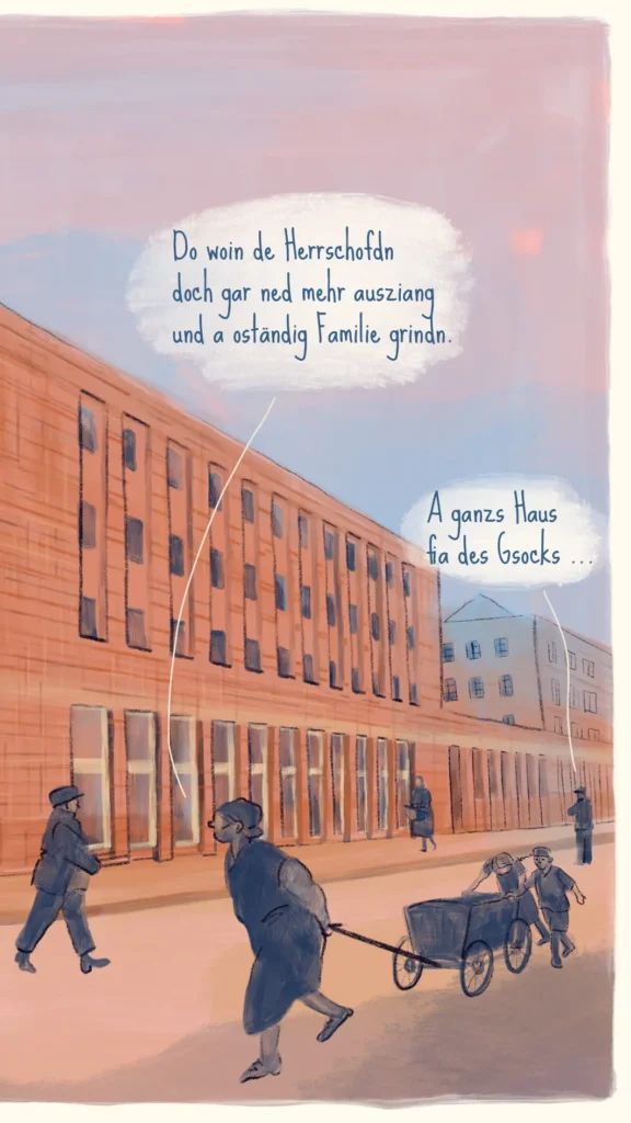 Street scene showing residents questioning the modern architecture of the Ledigenheim – "Ledigenheim", Westend Stories by Lea Reusse