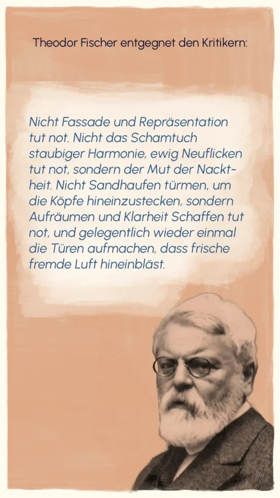 Portrait of architect Theodor Fischer alongside his reply to critics of the Ledigenheim's design – "Ledigenheim", Westend Stories by Lea Reusse