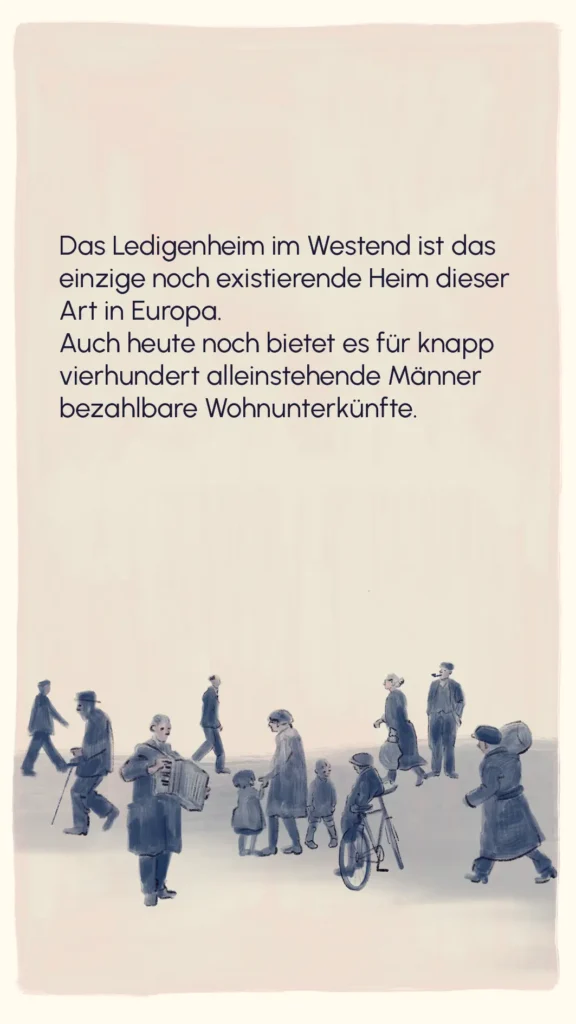 Small figures of people walking, representing the roughly 400 single men still housed in the Ledigenheim today – "Ledigenheim", Westend Stories by Lea Reusse
