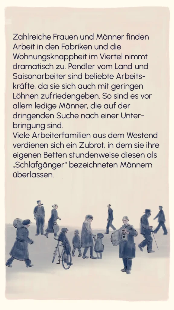 Crowd of seasonal workers and commuters arriving in the Westend in search of housing – "Ledigenheim", Westend Stories by Lea Reusse