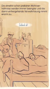 Overcrowded shared bedroom with men sleeping in shifts, one being told to leave – "Ledigenheim", Westend Stories by Lea Reusse