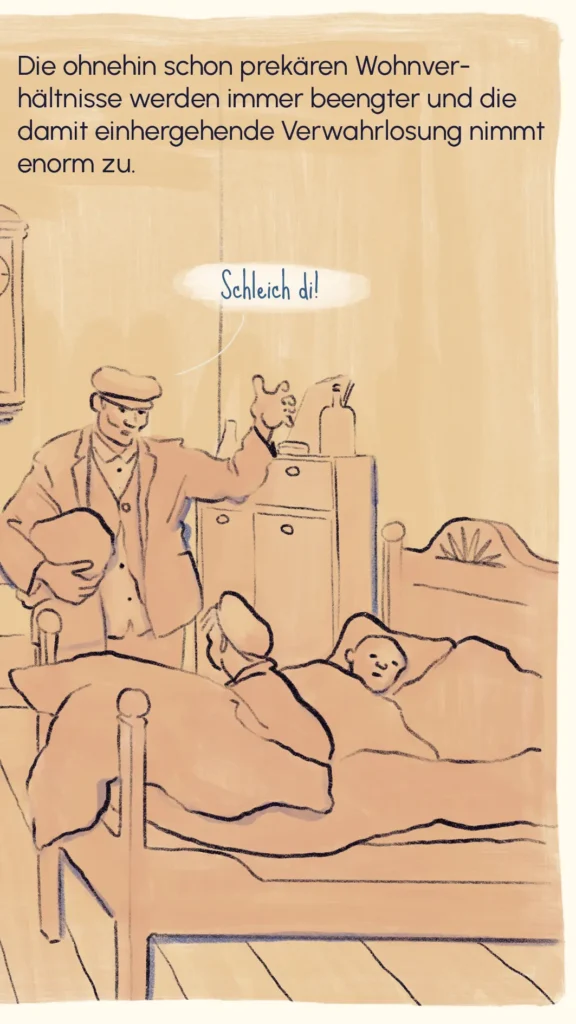 Overcrowded shared bedroom with men sleeping in shifts, one being told to leave – "Ledigenheim", Westend Stories by Lea Reusse