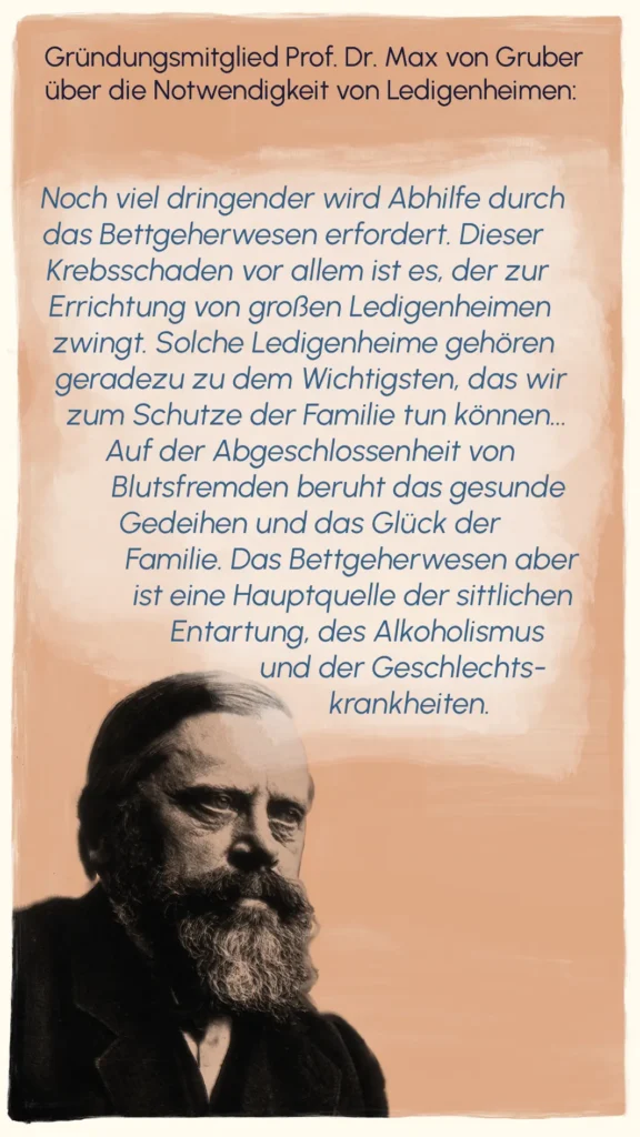 Portrait of founding member Professor Dr. Max von Gruber alongside his quote on the necessity of the Ledigenheim – "Ledigenheim", Westend Stories by Lea Reusse