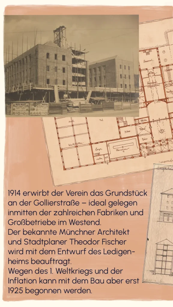 Historic architectural drawings and construction photo of the Ledigenheim building on Gollierstraße – "Ledigenheim", Westend Stories by Lea Reusse