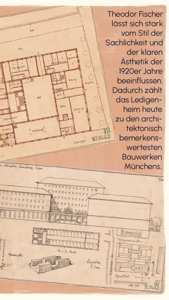 Floor plan drawings of the Ledigenheim by architect Theodor Fischer, 1920s Sachlichkeit style – "Ledigenheim", Westend Stories by Lea Reusse