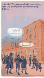 Passers-by reacting sceptically to the newly built Ledigenheim with Bavarian dialect speech bubbles – "Ledigenheim", Westend Stories by Lea Reusse