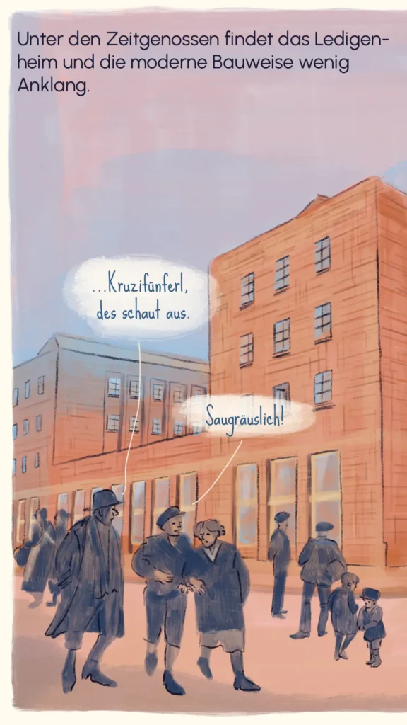 Passers-by reacting sceptically to the newly built Ledigenheim with Bavarian dialect speech bubbles – "Ledigenheim", Westend Stories by Lea Reusse