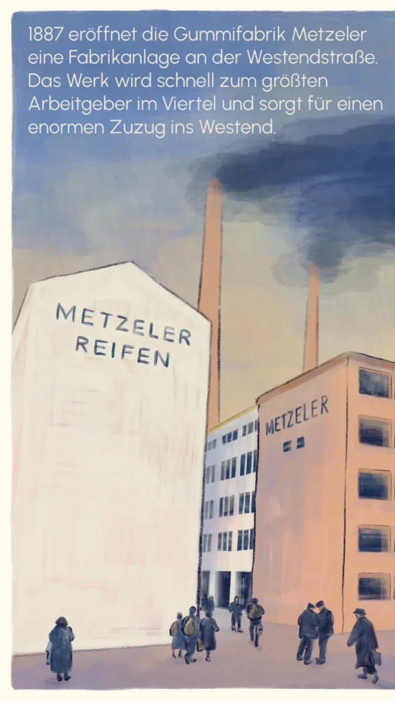 The Metzeler rubber factory under a smoky sky with workers in the foreground – "Metzeler", Westend Stories by Lea Reusse