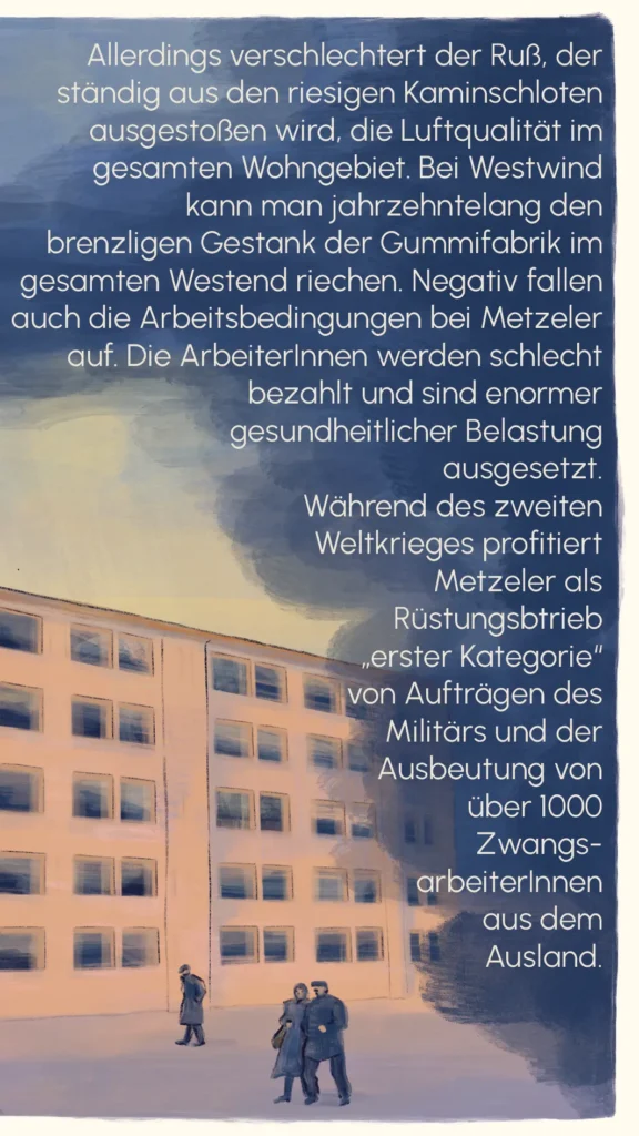 The Metzeler factory building at dusk with small figures of workers outside – "Metzeler", Westend Stories by Lea Reusse