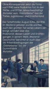 Workers inside the Metzeler factory under industrial lighting, including foreign Gastarbeiter – "Metzeler", Westend Stories by Lea Reusse