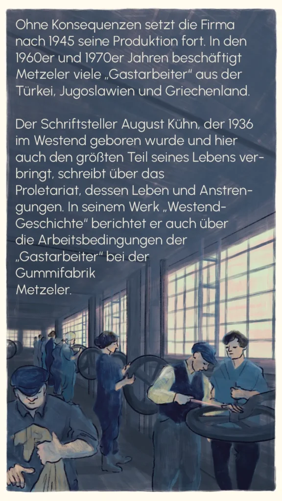 Workers inside the Metzeler factory under industrial lighting, including foreign Gastarbeiter – "Metzeler", Westend Stories by Lea Reusse