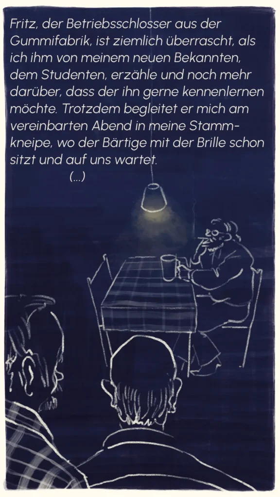 Three men talking in a dimly lit pub, one a factory worker recounting life at Metzeler – "Metzeler", Westend Stories by Lea Reusse
