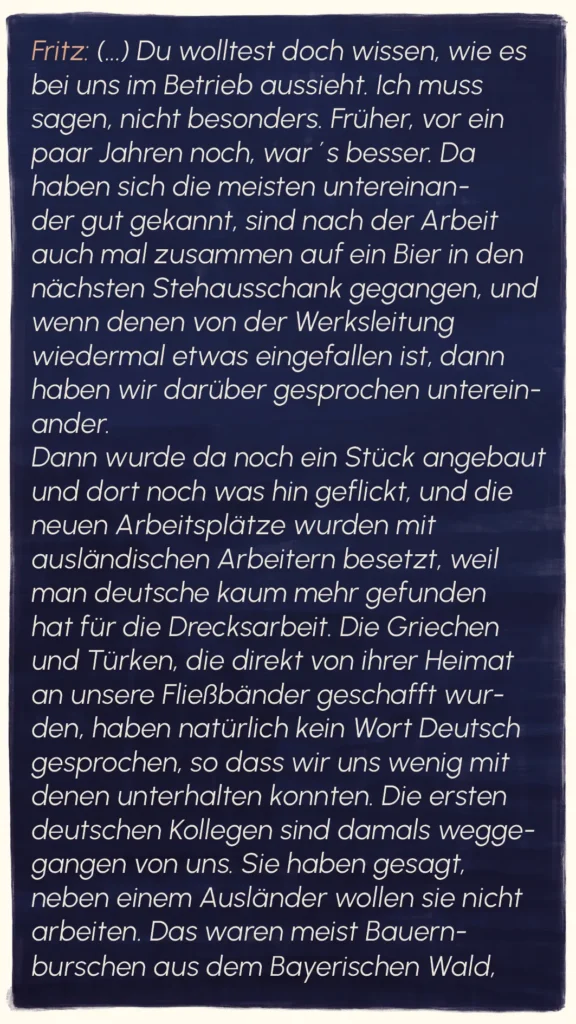 Illustrated interview text with Fritz the factory worker describing working conditions and discrimination at Metzeler – "Metzeler", Westend Stories by Lea Reusse