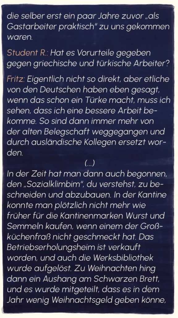 Continuation of Fritz's account of prejudice against Greek and Turkish Gastarbeiter at the Metzeler factory – "Metzeler", Westend Stories by Lea Reusse