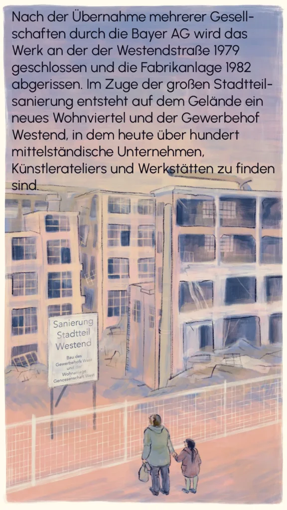 Adult and child standing before the demolished Metzeler factory site with a "Sanierung Stadtteil Westend" sign, 1982 – "Metzeler", Westend Stories by Lea Reusse