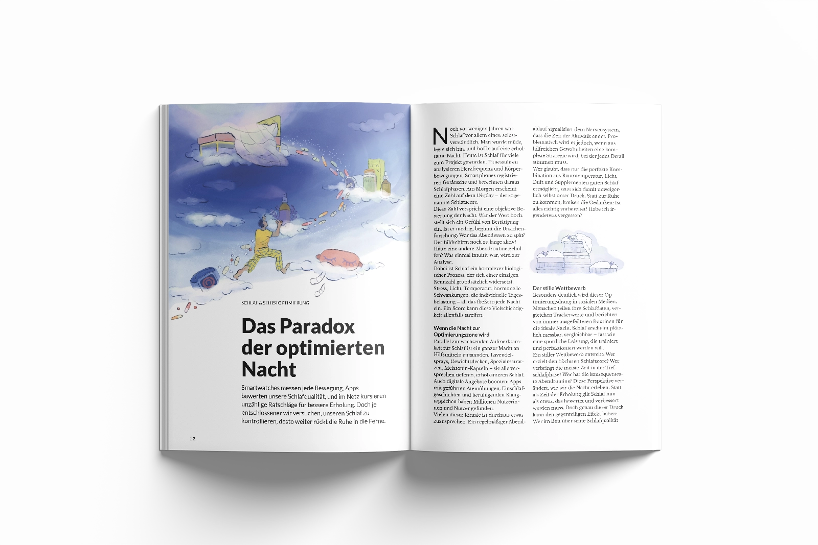 Magazine spread showing "Das Paradox der optimierten Nacht" article with illustration by Lea Reusse