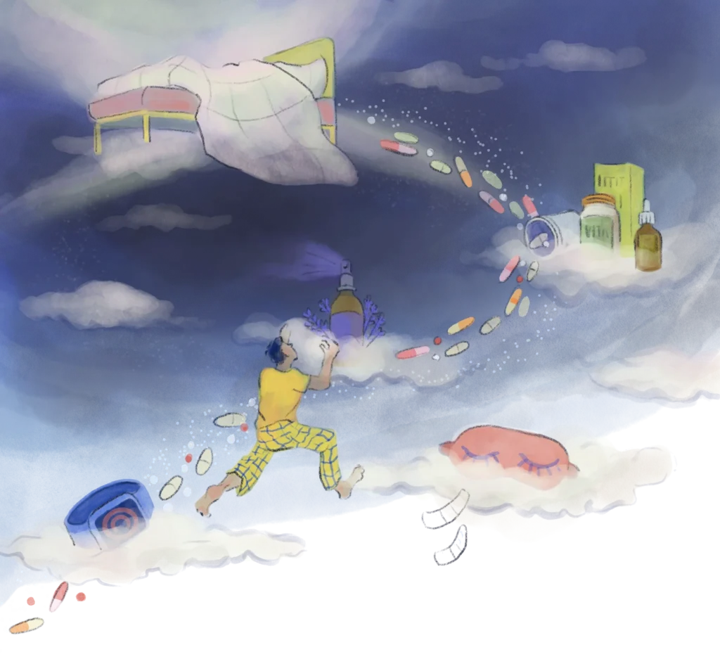 Figure in pyjamas floating through a surreal night sky among pills, sleep supplements and a flying bed – "Paradox of the Optimized Night", personal illustration by Lea Reusse