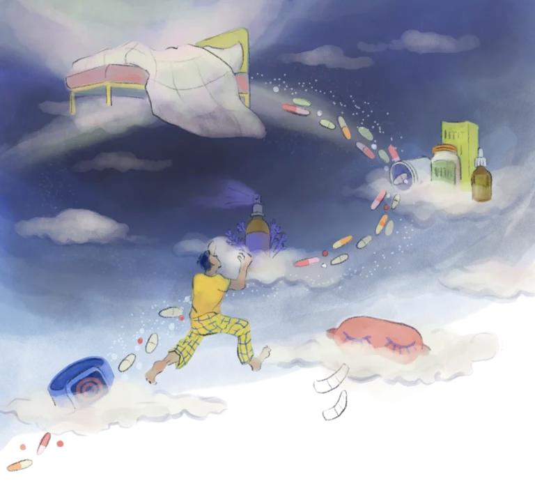 Figure in pyjamas floating through a surreal night sky among pills, sleep supplements and a flying bed – "Paradox of the Optimized Night", personal illustration by Lea Reusse