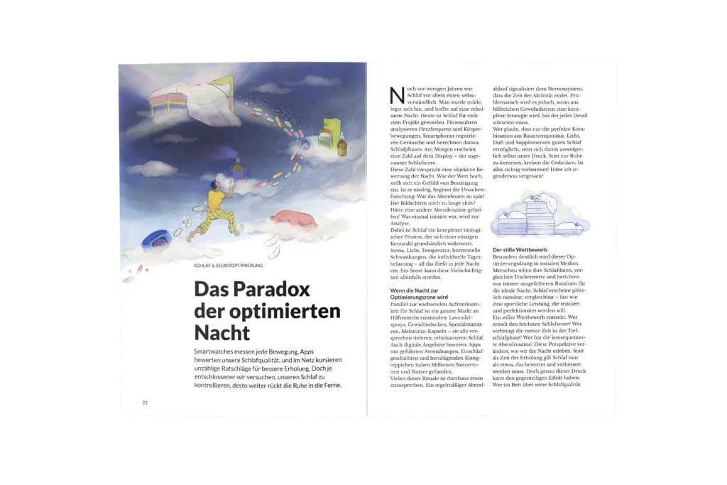 Magazine spread showing "Das Paradox der optimierten Nacht" article with illustration by Lea Reusse