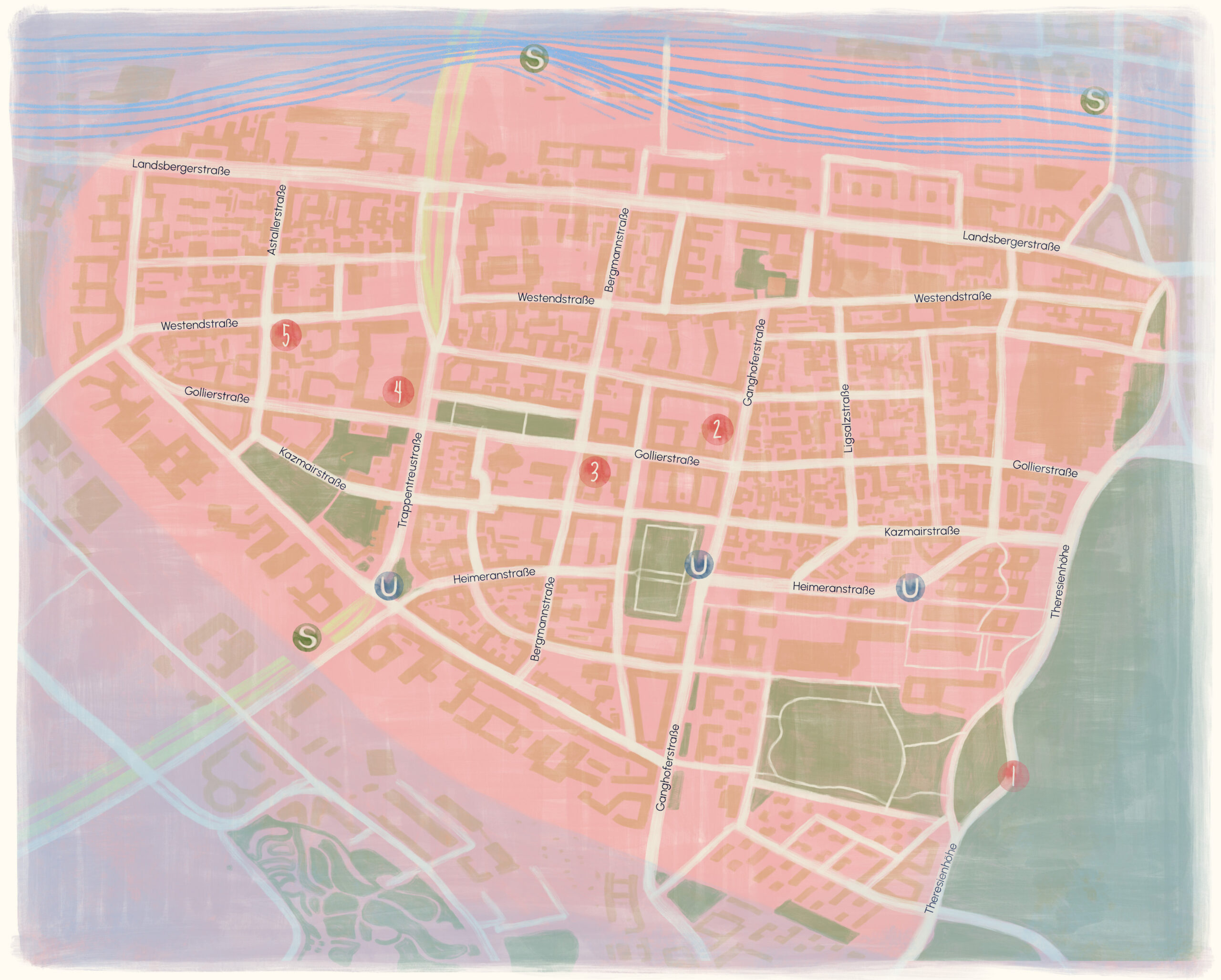 Illustrated map of Munich's Westend neighbourhood with numbered story locations marked in red – Westend Stories by Lea Reusse