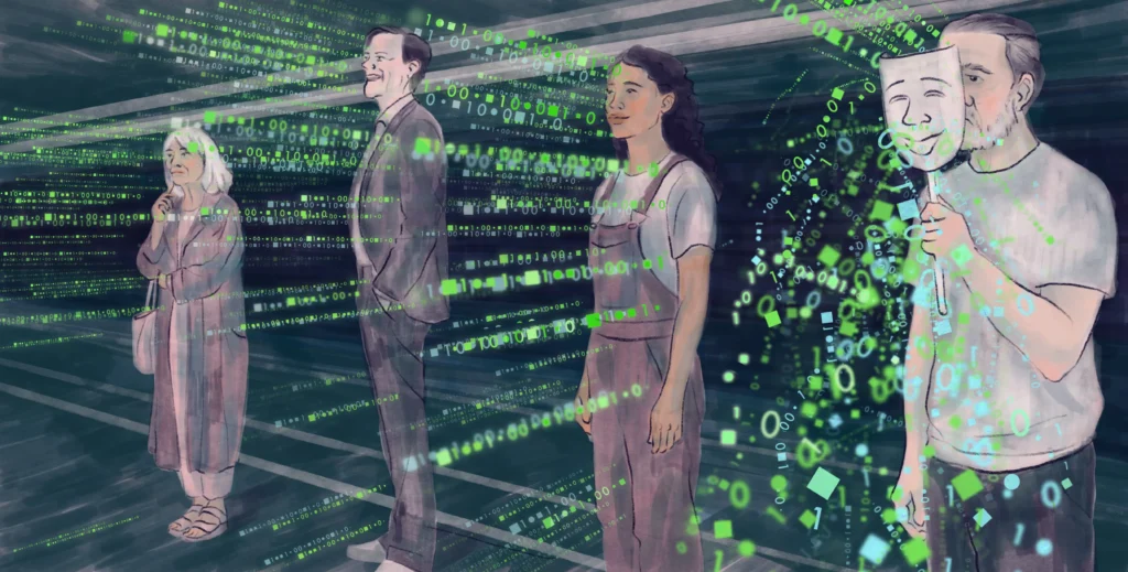 Three people scanned by cascading green code as a man holds up a theatrical mask, questioning AI emotion detection – "The Algorithmic Emotion", personal illustration by Lea Reusse
