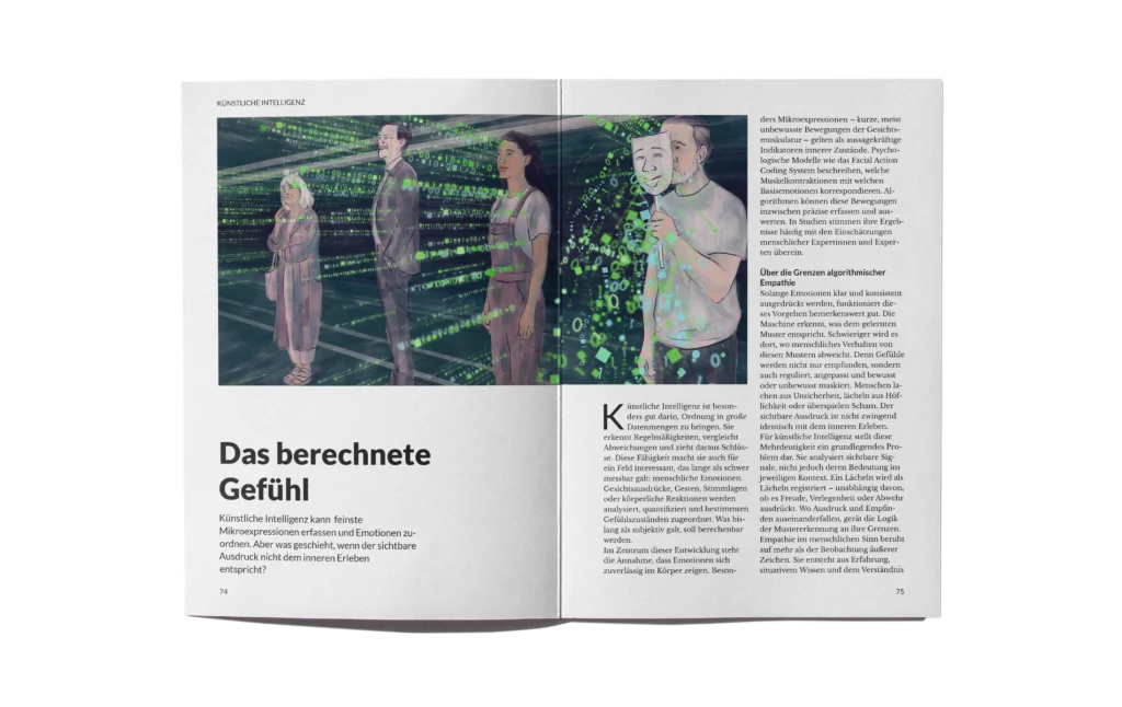 Magazine spread showing "Das berechnete Gefühl" article with illustration by Lea Reusse