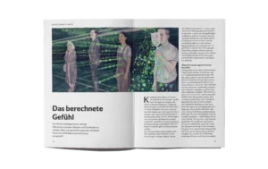 Magazine spread showing "Das berechnete Gefühl" article with illustration by Lea Reusse