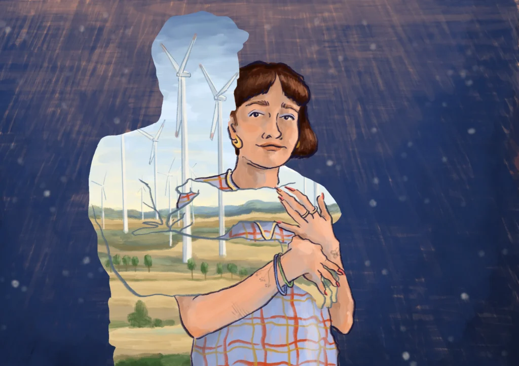 Woman embracing herself with a wind farm landscape visible through her silhouette – "Want to Speed Up Climate Action?", Politico Europe, illustration by Lea Reusse