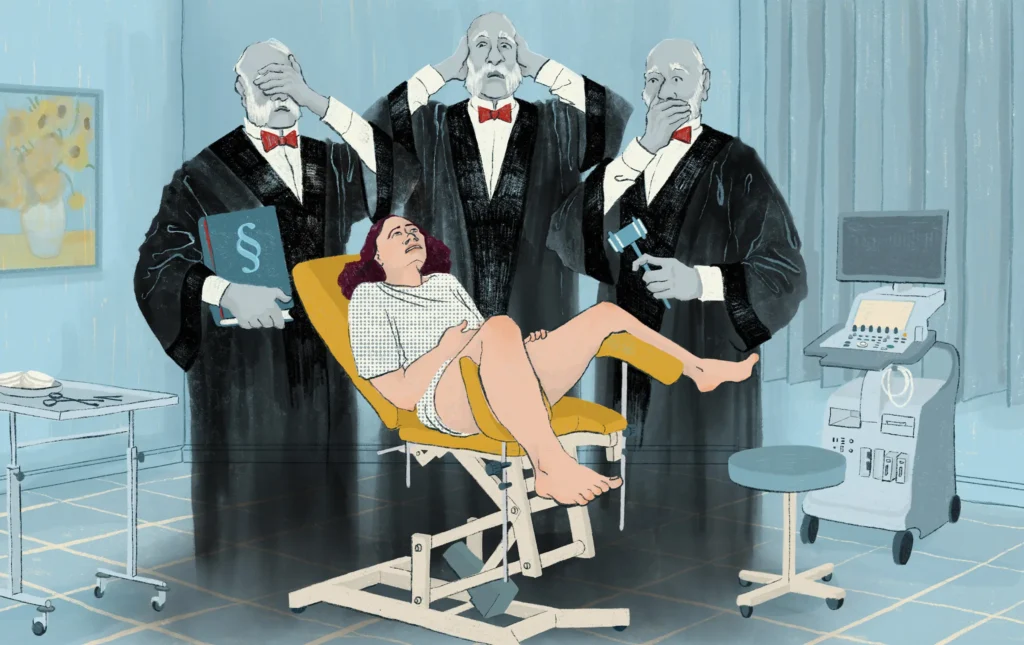 Woman in a gynaecological chair surrounded by three judges in robes – "The Fight over the Body", Berliner Zeitung, illustration by Lea Reusse