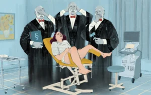 Woman in a gynaecological chair surrounded by three judges in robes – "The Fight over the Body", Berliner Zeitung, illustration by Lea Reusse