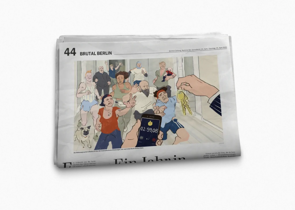 Berliner Zeitung newspaper folded open to the "If I Can't Find an Apartment" illustration by Lea Reusse
